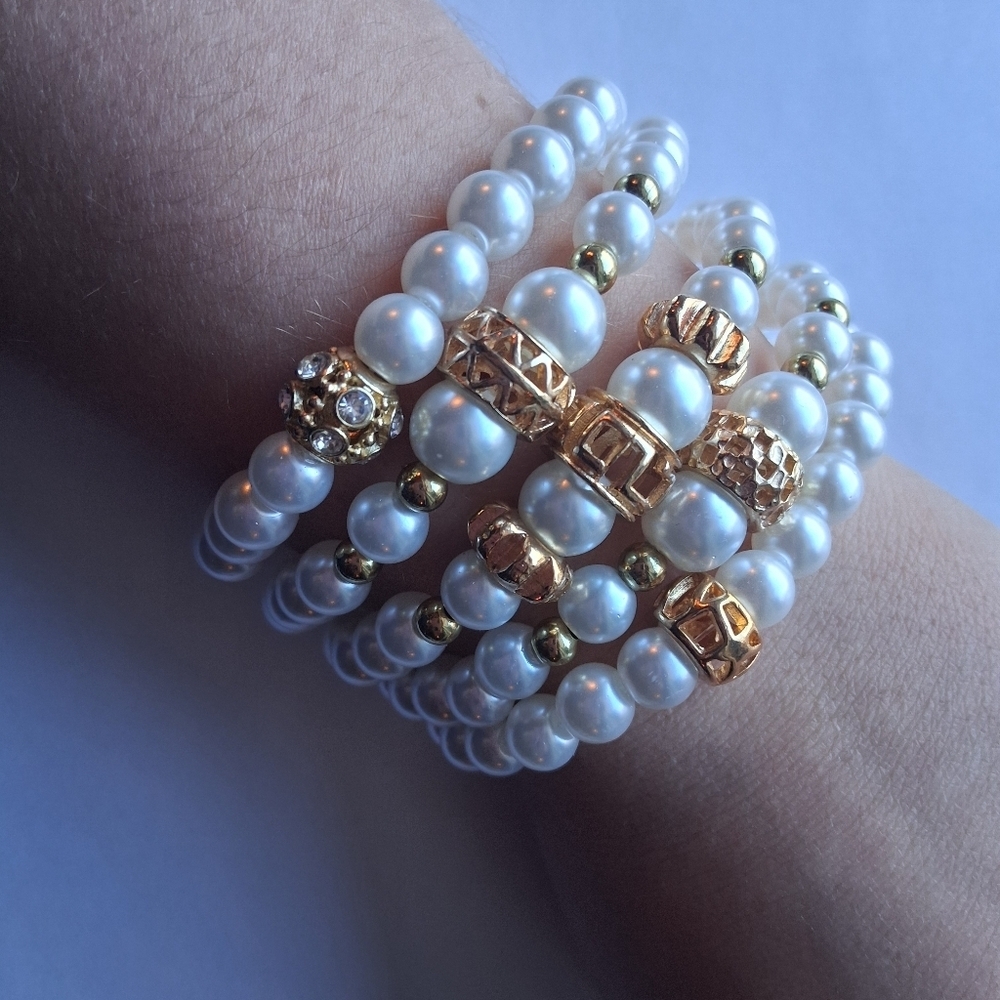 Hand Crafted Faux Pearl and Gold Bracelet